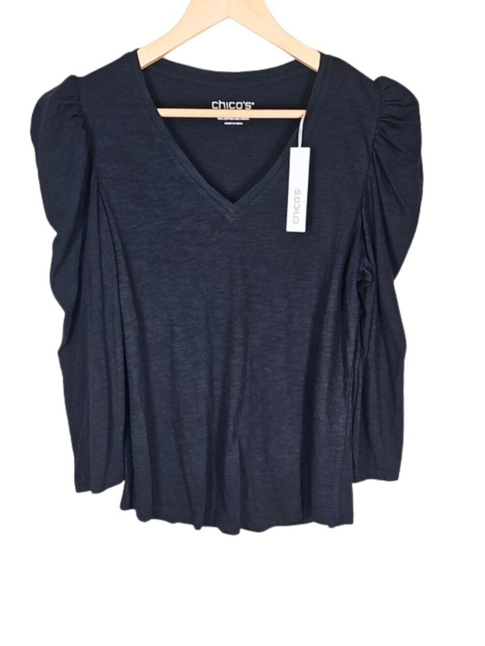 NWT Chico's Romantic Puff Sleeve Tee Black Cotton Slub Sz 1 M Office Minimalist